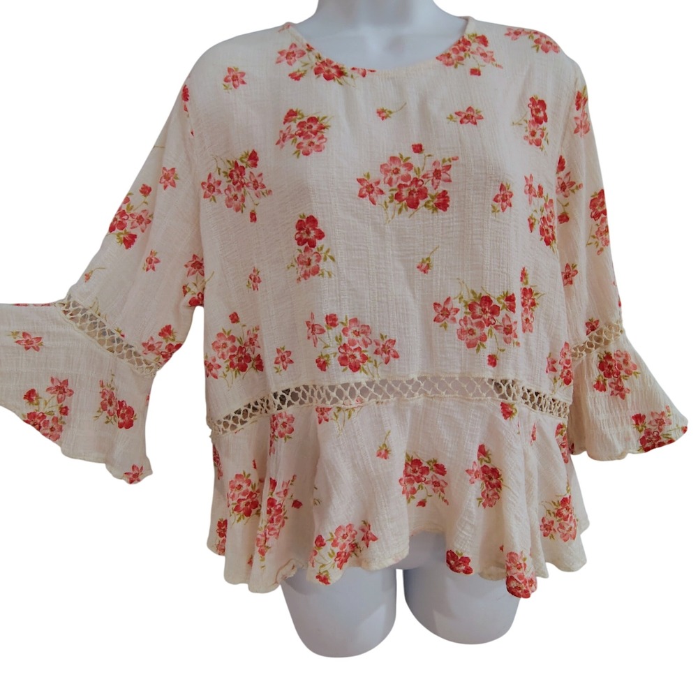 Ralph Lauren Denim & SupplyFloral Cotton Blouse Ivory Red Peplum XL boho  hippy‎